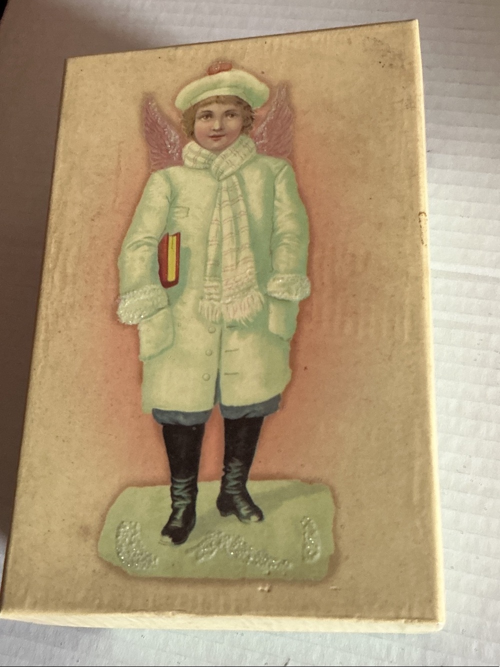 Costco Vintage Illustrated Angel Boy Trinket Box - Mint Green